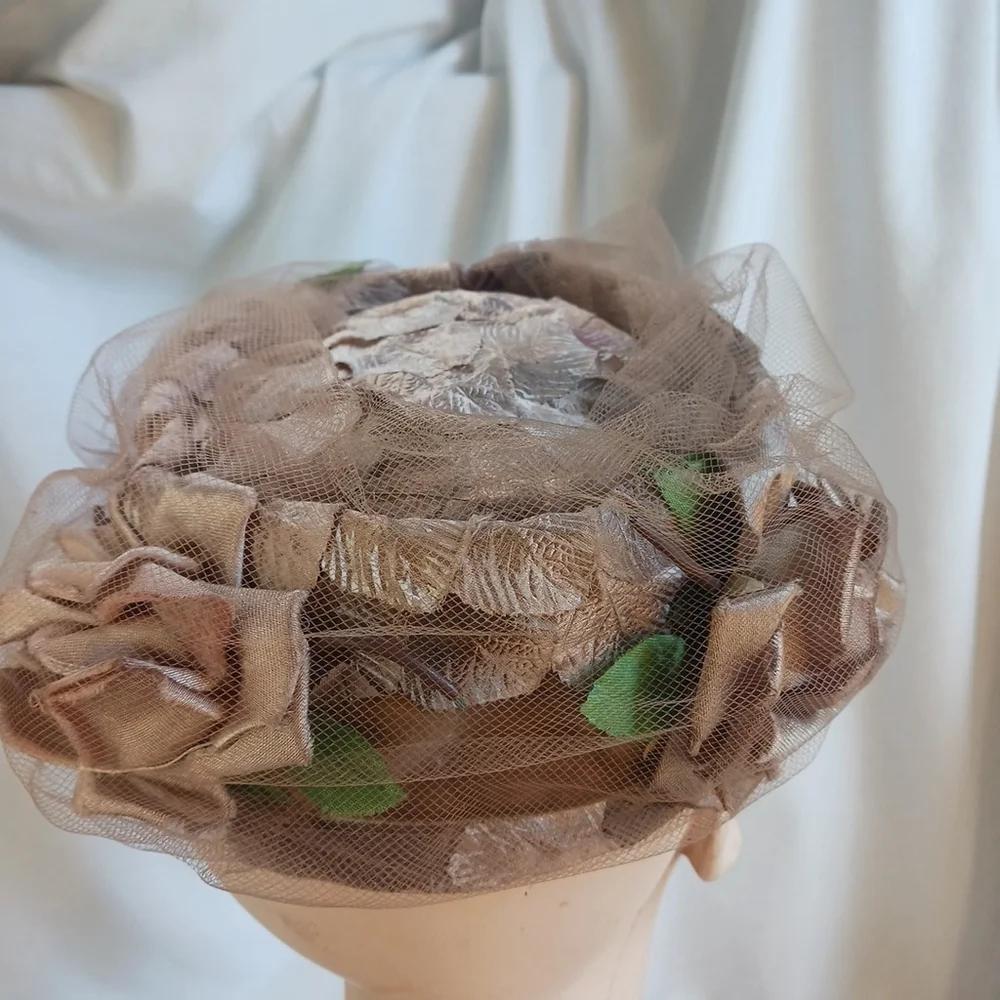 Vintage Hat Taupe Roses Velvet Bow Tulle Metal Band Small